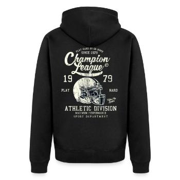 CHAMPION LEAGUE - American Football Shirt Motiv - Unisex Premium Bio Zip Hoodie - Schwarz - Hinten - Nico (187cm)