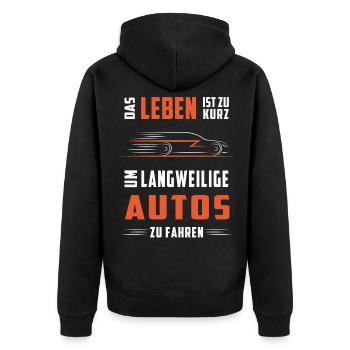 Keine langweiligen Autos - Unisex Premium Bio Zip Hoodie - Schwarz - Hinten - Nico (187cm)