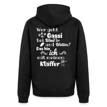 Wer geht Gassi bei wind und wetter ... ? - Unisex Premium Bio Zip Hoodie - Schwarz - Hinten - Nico (187cm)