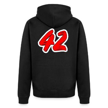 42 - rote Popart Zahlen - Unisex Premium Bio Zip Hoodie - Schwarz - Hinten - Nico (187cm)
