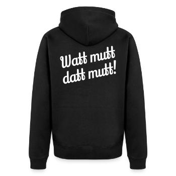 Watt mutt datt mutt! - Plattdeutsch - Unisex Premium Bio Zip Hoodie - Schwarz - Hinten - Nico (187cm)