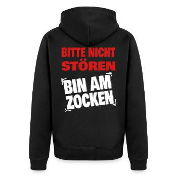 Gamer - Bitte nicht stören - Bin am Zocken - Unisex Premium Bio Zip Hoodie - Schwarz - Hinten - Nico (187cm)