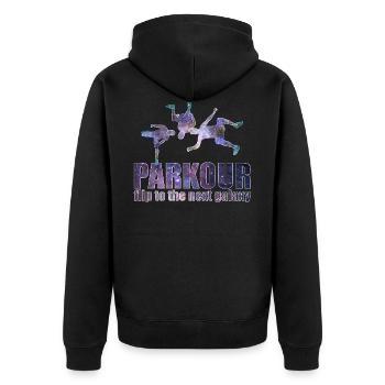 Parkour Freerunning Le Parcour Traceur Geschenk - Unisex Premium Bio Zip Hoodie - Schwarz - Hinten - Nico (187cm)