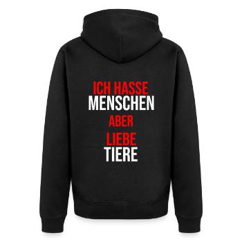 Ich hasse Menschen aber liebe Tiere - Unisex Premium Bio Zip Hoodie - Schwarz - Hinten - Nico (187cm)