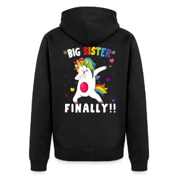 GROSSE SCHWESTER ENDLICH - Unisex Premium Bio Zip Hoodie - Schwarz - Hinten - Nico (187cm)