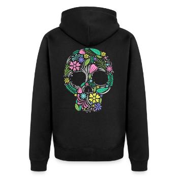Totenkopf Blumen Hippie - Unisex Premium Bio Zip Hoodie - Schwarz - Hinten - Nico (187cm)