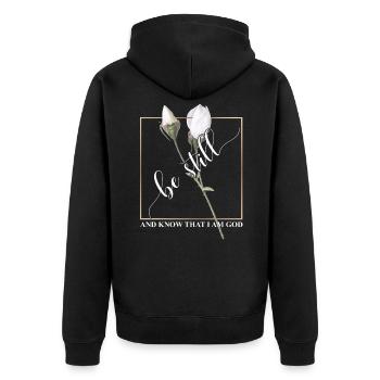 Sei still und wisse, dass ich Gott Flagge bin - Unisex Premium Bio Zip Hoodie - Schwarz - Hinten - Nico (187cm)