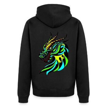 Grüner, blauer und gelber Drachenkopf - Unisex Premium Bio Zip Hoodie - Schwarz - Hinten - Nico (187cm)