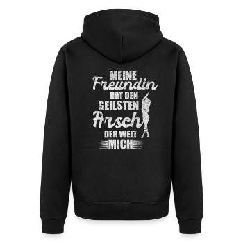 Meine Freundin geilsten Arsch der Welt - Spruch - Unisex Premium Bio Zip Hoodie - Schwarz - Hinten - Nico (187cm)