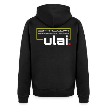 ULAI Streetwear Klufterei aus der GI-TOWN - Unisex Premium Bio Zip Hoodie - Schwarz - Hinten - Nico (187cm)