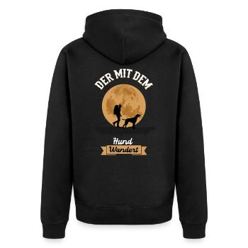 Der mit dem Hund Wandert - Wandern Gassi Spruch - Unisex Premium Bio Zip Hoodie - Schwarz - Hinten - Nico (187cm)