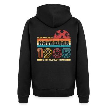 Anniversaire 1985 Novembre Retro Legend Since Palme - Veste à capuche bio Premium Unisexe - noir - Dos - Nico (187cm)