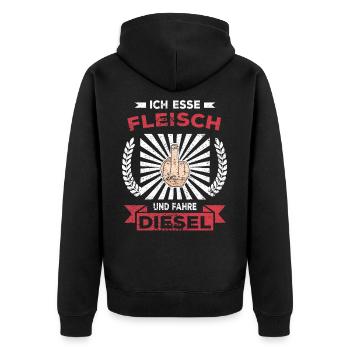 Ich esse Fleisch und fahre Diesel- lustiger Spruch - Unisex Premium Bio Zip Hoodie - Schwarz - Hinten - Nico (187cm)