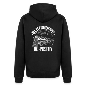 Blutgruppe H0 positiv, Modelleisenbahner Modellbau - Unisex Premium Bio Zip Hoodie - Schwarz - Hinten - Nico (187cm)