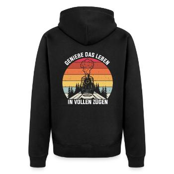 Genieße das Leben in vollen ZÜGEN Bahnfahrer Beruf - Unisex Premium Bio Zip Hoodie - Schwarz - Hinten - Nico (187cm)