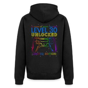 Gaming 30. Geburtstag Geschenk Level 30 Unlocked - Unisex Premium Bio Zip Hoodie - Schwarz - Hinten - Nico (187cm)