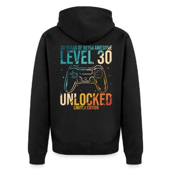 Gaming 30. Geburtstag Geschenk Level 30 Unlocked - Unisex Premium Bio Zip Hoodie - Schwarz - Hinten - Nico (187cm)
