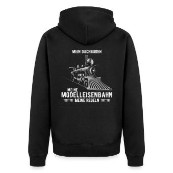 Mein Dachboden Meine Modelleisenbahn Meine Regeln - Unisex Premium Bio Zip Hoodie - Schwarz - Hinten - Nico (187cm)