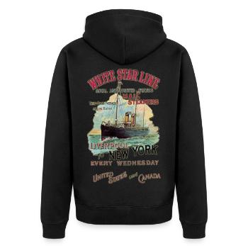 WHITE STAR LINE NEW YORK KREATION LOUIS RUNEMBERG - Unisex Premium Bio Zip Hoodie - Schwarz - Hinten - Nico (187cm)