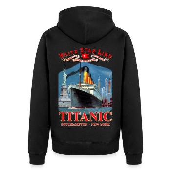 TITANIC NY Kreation Louis RUNEMBERG © Adagp - Unisex Premium Bio Zip Hoodie - Schwarz - Hinten - Nico (187cm)