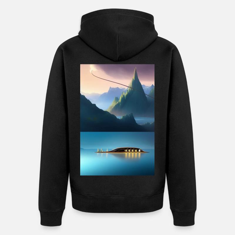 Landschaft mit See, Boot und Berge - Unisex Premium Bio Zip Hoodie - Schwarz