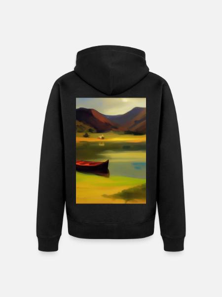 Landscape with lake, boat and mountains - Unisex Premium Organic Zip Hoodie - black