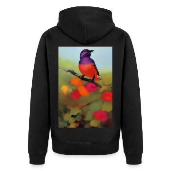 Oiseau sur branche avec des fleurs colorées - Veste à capuche bio Premium Unisexe - noir - Dos - Nico (187cm)