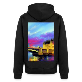 Brücken in London - Unisex Premium Bio Zip Hoodie - Schwarz - Hinten - Nico (187cm)