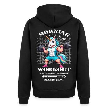 Einhorn Morning Workout - Unisex Premium Bio Zip Hoodie - Schwarz - Hinten - Nico (187cm)