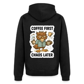 Coffee First Owl - Unisex Premium Organic Zip Hoodie - black - Back - Nico (187cm)