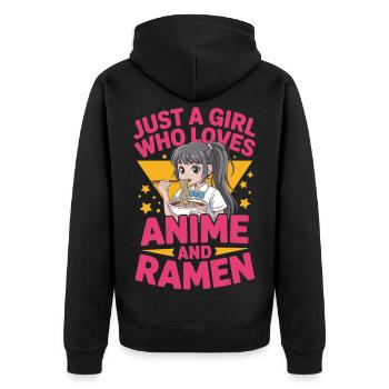 Anime girl with ramen and text - Unisex Premium Organic Zip Hoodie - black - Back - Nico (187cm)