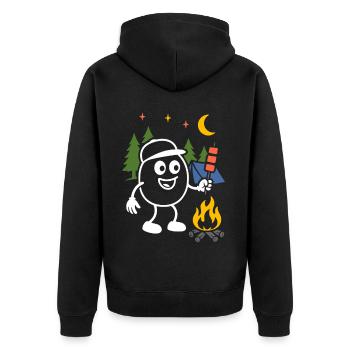 Ribbo beim Zelten – Lustige Outdoor-Szene - Unisex Premium Bio Zip Hoodie - Schwarz - Hinten - Nico (187cm)
