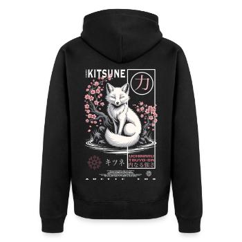Kitsune Fuchs - japanisch asiatisch - Unisex Premium Bio Zip Hoodie - Schwarz - Hinten - Nico (187cm)