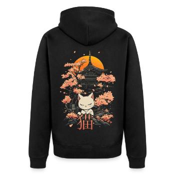 Neko - Japanese cat and sakura - Unisex Premium Organic Zip Hoodie - black - Back - Nico (187cm)
