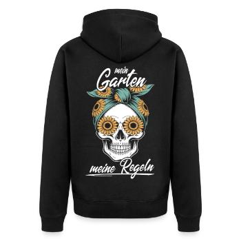 Mein Garten, meine Regeln - Totenkopf sonnenblume - Unisex Premium Bio Zip Hoodie - Schwarz - Hinten - Nico (187cm)