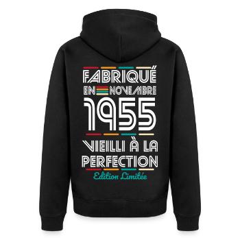 Anniversaire 70 ans - Fabriqué en Novembre 1955 - Veste à capuche bio Premium Unisexe - noir - Dos - Nico (187cm)