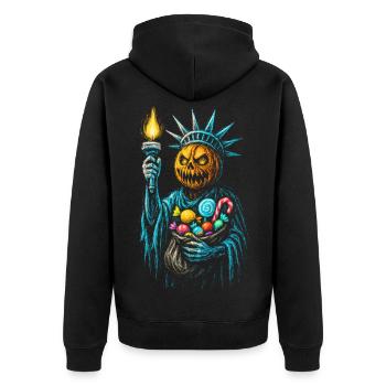Liberty Kürbis Halloween - Unisex Premium Bio Zip Hoodie - Schwarz - Hinten - Nico (187cm)