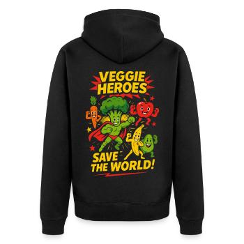Veggie Heroes für Veganer, Vegetarier und Feinschmecker - Unisex Premium Bio Zip Hoodie - Schwarz - Hinten - Nico (187cm)