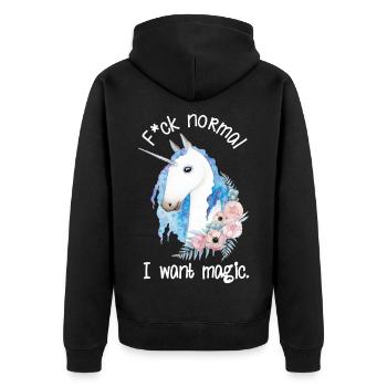 Fuck Normal I Want Magic – Einhorn Aquarell - Unisex Premium Bio Zip Hoodie - Schwarz - Hinten - Nico (187cm)