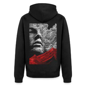 Gesicht Linien mit roter Bergsilhouette - Unisex Premium Bio Zip Hoodie - Schwarz - Hinten - Nico (187cm)