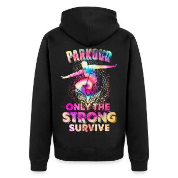 Parkour: Nur die Starken überleben - Unisex Premium Bio Zip Hoodie - Schwarz - Hinten - Nico (187cm)