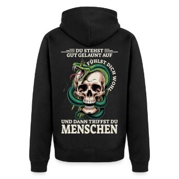 Du stehst gut gelaunt auf fühlst dich wohl - Unisex Premium Bio Zip Hoodie - Schwarz - Hinten - Nico (187cm)