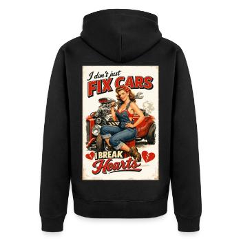 Pin-Up Hot Rod: I don't fix cars, I break hearts - Unisex Premium Bio Zip Hoodie - Schwarz - Hinten - Nico (187cm)