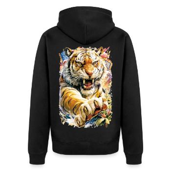 Tiger mit Blüten - Unisex Premium Bio Zip Hoodie - Schwarz - Hinten - Nico (187cm)