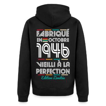 80th Anniversary - Made in October 1946 - Unisex Premium Organic Zip Hoodie - black - Back - Nico (187cm)