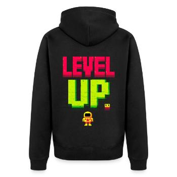 Level Up Pixelheld Retro - Unisex Premium Bio Zip Hoodie - Schwarz - Hinten - Nico (187cm)