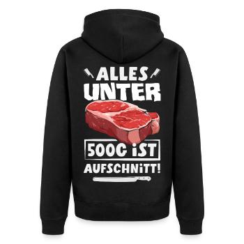 Grillmeister Geschenk Fleisch Wurst & Bier - Unisex Premium Bio Zip Hoodie - Schwarz - Hinten - Nico (187cm)