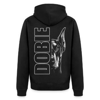Doberman Portrait with Vertical Lettering DOBIE - Unisex Premium Organic Zip Hoodie - black - Back - Nico (187cm)