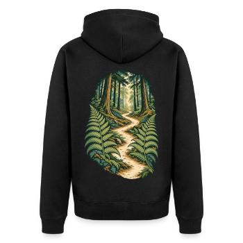 Farngesäumter Weg durch einen ruhigen Wald - Unisex Premium Bio Zip Hoodie - Schwarz - Hinten - Nico (187cm)