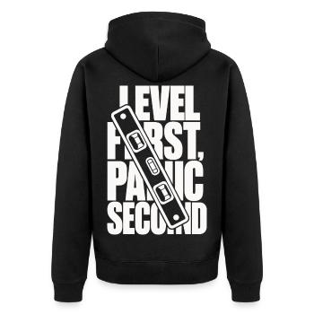 Wasserwaage – Level First, Panic Second - Unisex Premium Bio Zip Hoodie - Schwarz - Hinten - Nico (187cm)